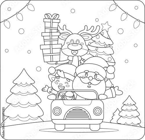 Outlined Cute Santa Claus, Elf, and Reindeer Driving a Festive Car with Christmas Gifts and Tree Cartoon Characters