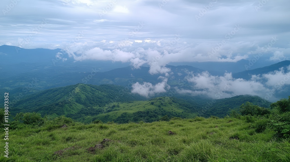 Stunning panoramic view from a mountain peak showcasing lush green landscapes and dramatic cloud formations in a serene natural setting Stunning panoramic view from a mountain peak showcasing lush green landscapes and dramatic cloud formations in a serene natural setting