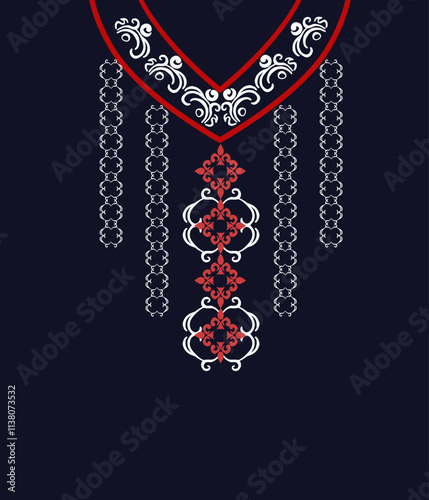 Geometric ethnic neckline pattern, traditional design, decoration, background, damask pattern, textile, fabric, clothing, ornament, embroidery style