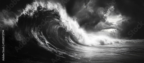 Dramatic black and white ocean wave crashing against the shore with dark stormy clouds in the background near Sables d Olonne photo