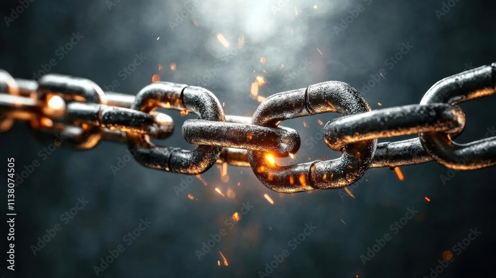Close-up of a breaking chain with sparks, symbolizing strength, destruction, or breaking free from obstacles. Close-up of a breaking chain with sparks, symbolizing strength, destruction, or breaking free from obstacles.