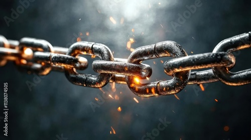 Close-up of a breaking chain with sparks, symbolizing strength, destruction, or breaking free from obstacles.