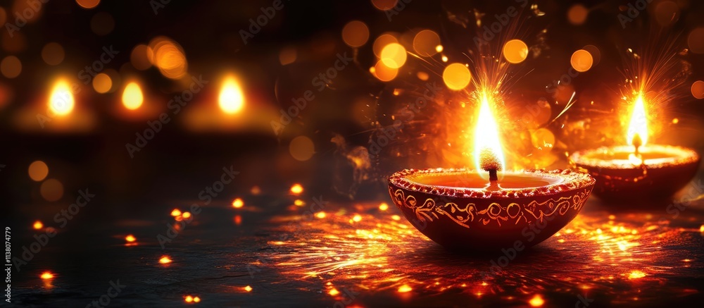 Magical Diwali Festival Display with Colorful Firecrackers and Traditional Diyas Illuminating the Dark Night Sky Magical Diwali Festival Display with Colorful Firecrackers and Traditional Diyas Illuminating the Dark Night Sky