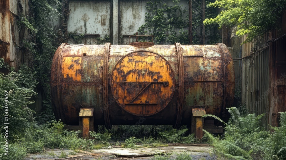 Fototapeta premium Rustic vintage gas tank surrounded by lush greenery in an abandoned industrial setting with dramatic textures and colors.