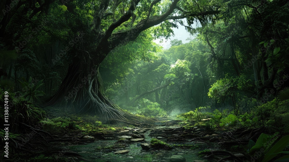 Fototapeta premium Lush rainforest landscape featuring towering trees, dense foliage, and serene natural light creating a tranquil and exotic outdoor environment