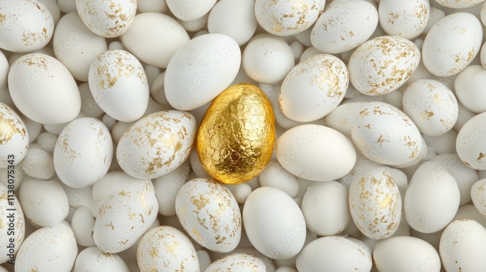 Easter theme background featuring numerous white eggs surrounded by a single shimmering gold egg symbolizing uniqueness and celebration. Easter theme background featuring numerous white eggs surrounded by a single shimmering gold egg symbolizing uniqueness and celebration.