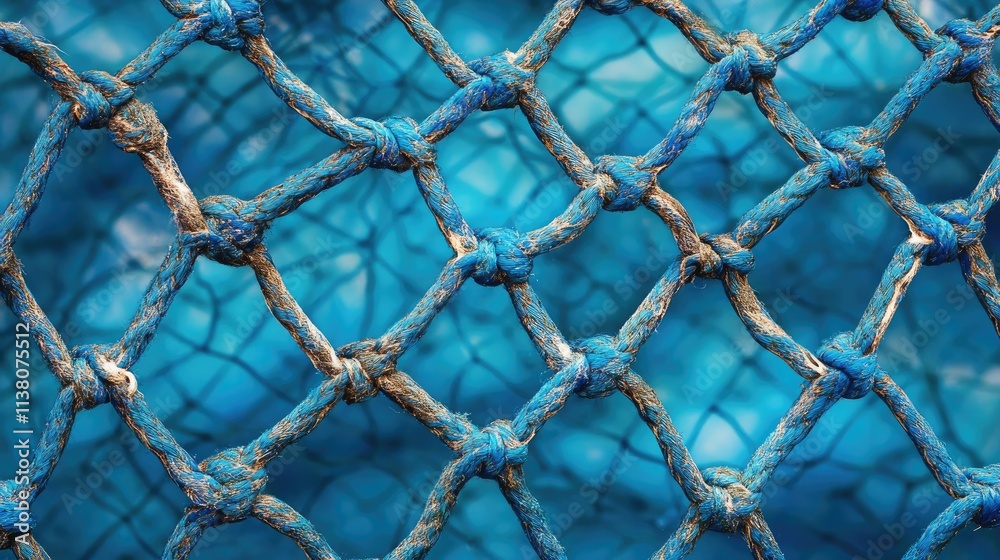 Fototapeta premium Textured blue fishing net against a vibrant blue background creating a nautical and marine-themed visual. Perfect for ocean-related designs.