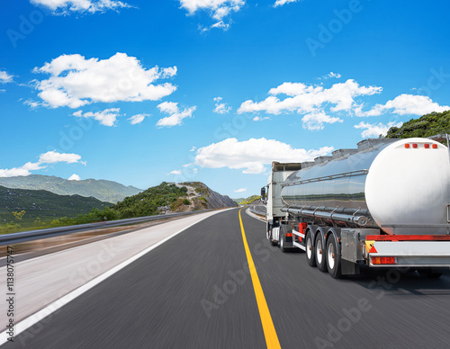 Obraz na płótnie Fuel truck on a picturesque road. A silver tank truck transports fuel. w salonie