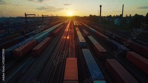 freight trains with containers on railway tracks, freight cars on railway tracks, heavy industry, railway wagon containers top view at sunset, generative ai