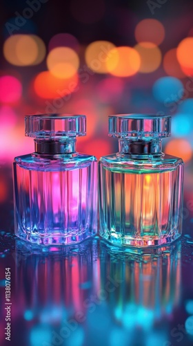 Colorful Perfume Bottles with Bokeh Lights