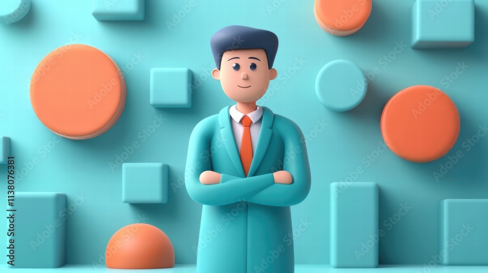 A cartoon character standing confidently in a colorful geometric background, symbolizing creativity and innovation. A cartoon character standing confidently in a colorful geometric background, symbolizing creativity and innovation.