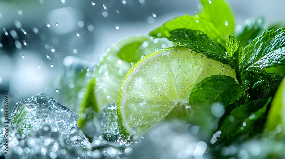 Refreshing Lime and Mint Slices Submerged in Icy Water Refreshing Lime and Mint Slices Submerged in Icy Water