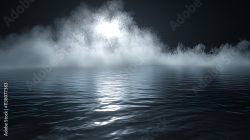 Water surface with magic neon glow from inside and smoke on top. Mystery dark background with spooky white light from underwater and fog. Realistic 3d night vector illustration with flare and steam.