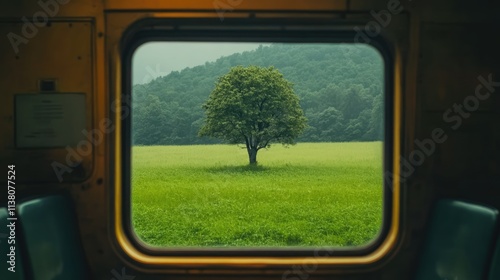 Scenic train window view showcasing a solitary tree in a vibrant green field surrounded by lush hills and tranquil nature.