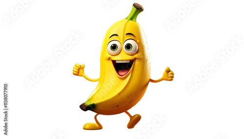 Cartoon Banana with Emoji Eyes Dancing on a White Background