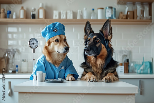 Dogs dressed as doctors in medical attire sitting at a desk. photo