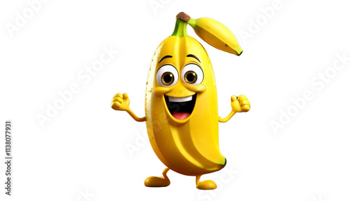Cartoon Banana with Emoji Eyes Dancing on a White Background
