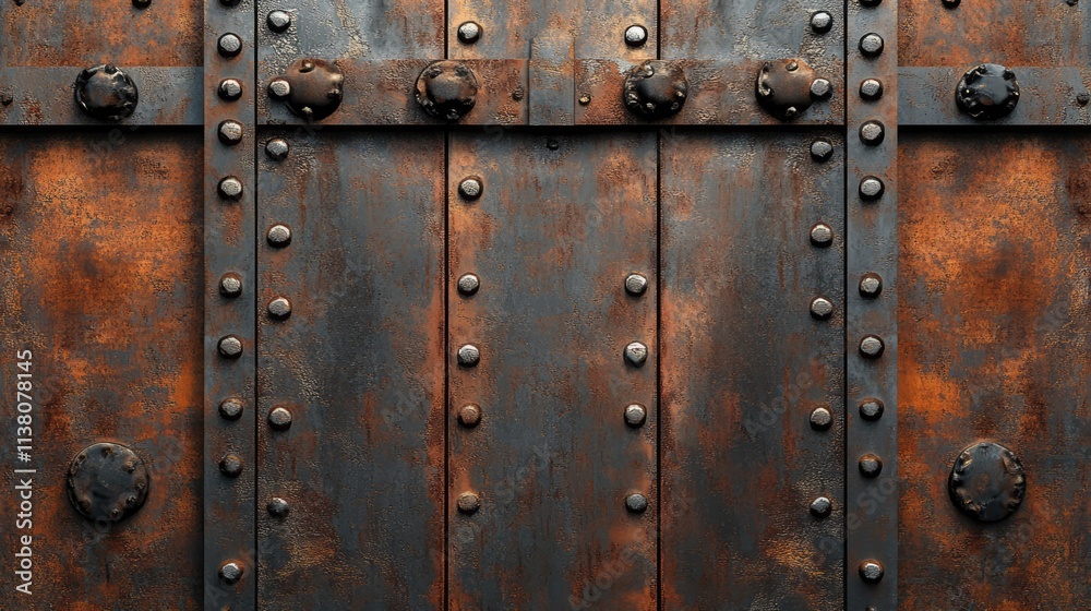Rusted steel background texture with weathered wood elements and decorative metal rivets for industrial and vintage design applications. Rusted steel background texture with weathered wood elements and decorative metal rivets for industrial and vintage design applications.