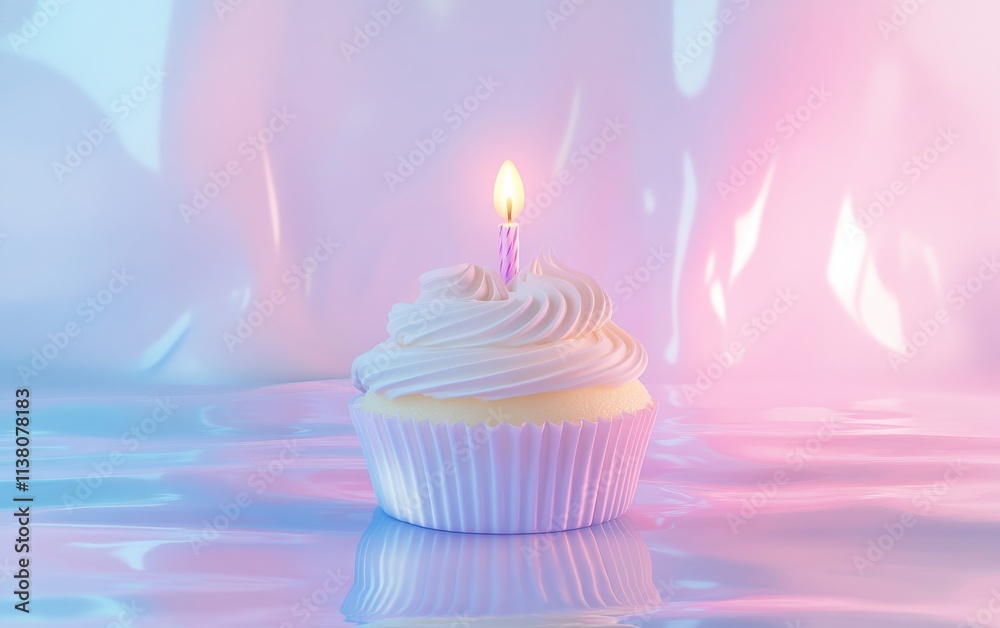 A detailed 3D illustration of a birthday cupcake with a lit candle, placed on a pastel blue and pink background with softly blurred edges A detailed 3D illustration of a birthday cupcake with a lit candle, placed on a pastel blue and pink background with softly blurred edges