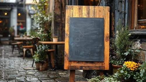 Clean, minimalist wooden boards placed in front of cafes, restaurants, or shops, ideal for modern branding or menus. photo