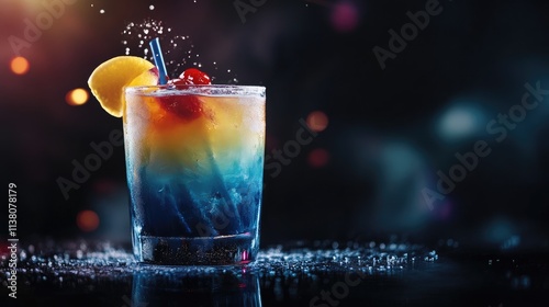 Colorful alcoholic cocktail with splash on dark background garnished with lemon and cherry photo