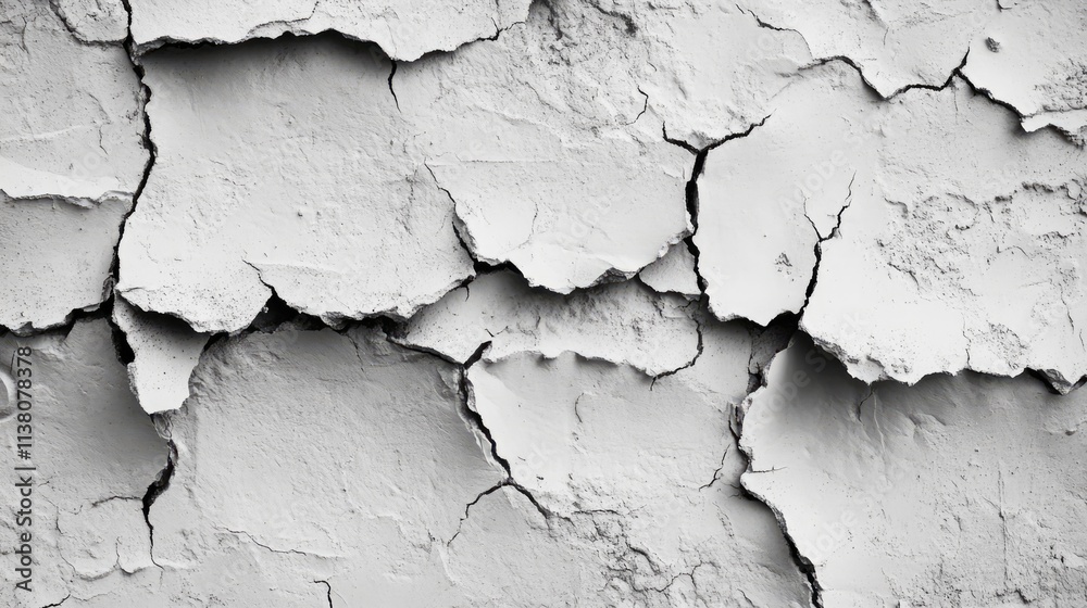 Obraz premium Cracked white wall background with rough texture creating a distressed and weathered appearance ideal for design projects and art backgrounds