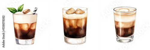watercolor Creamy coffee cocktails with layers of liqueur and milk, garnished with mint and coffee beans, create delightful visual experience