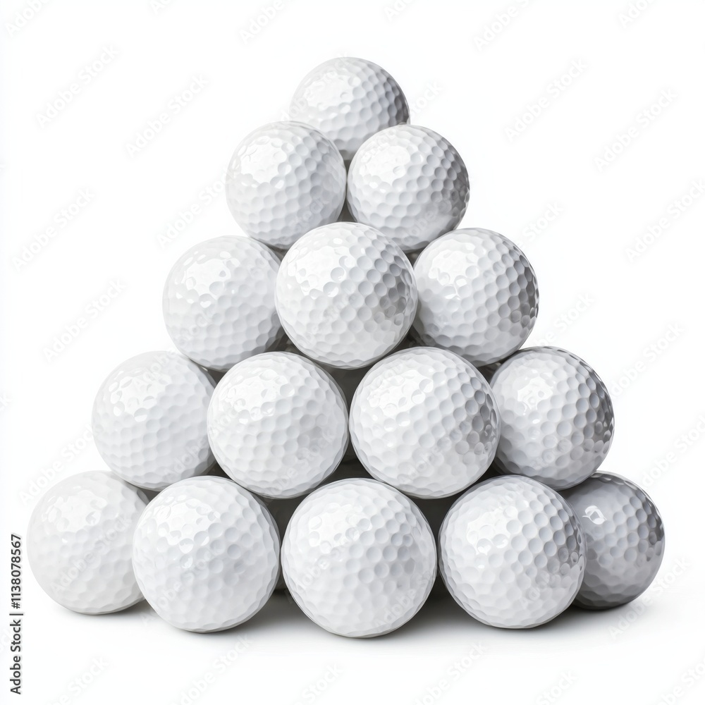 Pyramid stack of white golf balls on solid white surface sports equipment minimalist design close-up view Pyramid stack of white golf balls on solid white surface sports equipment minimalist design close-up view