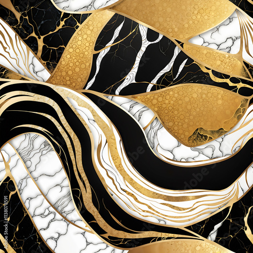Marble pattern mainly in gold and black colors. Gold marbling texture design.