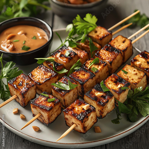 Grilled tofu skewers served with peanut sauce and garnished with herbs, creating delicious and healthy dish perfect for any meal