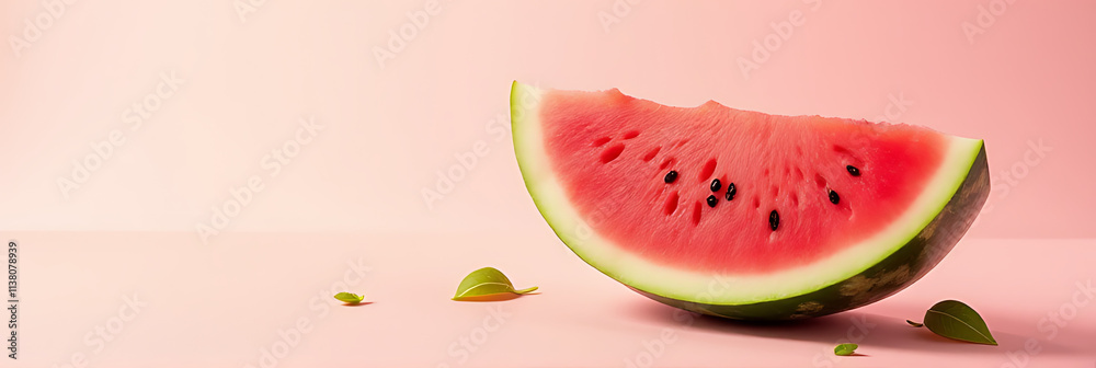 A refreshing watermelon slice garnished with delicate xanadu leaves on a soft, serene pastel colored background._00002_ A refreshing watermelon slice garnished with delicate xanadu leaves on a soft, serene pastel colored background._00002_