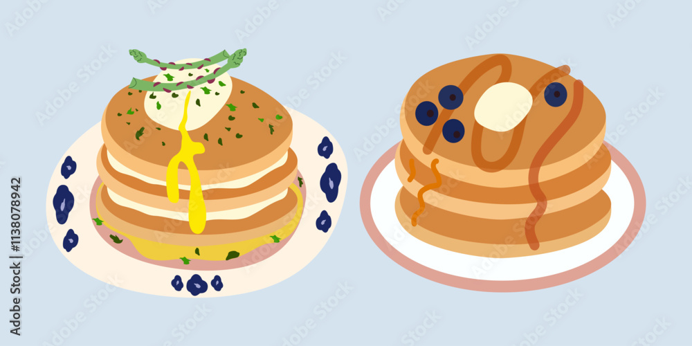 Fototapeta premium Cute breakfast food. Vector sweet pancakes with maple syrup and blueberries and savory pancakes with poached egg and asparagus