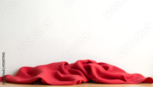 A piece of red cloth lies draped over a wooden table in front of a plain white background on the wall._00003_