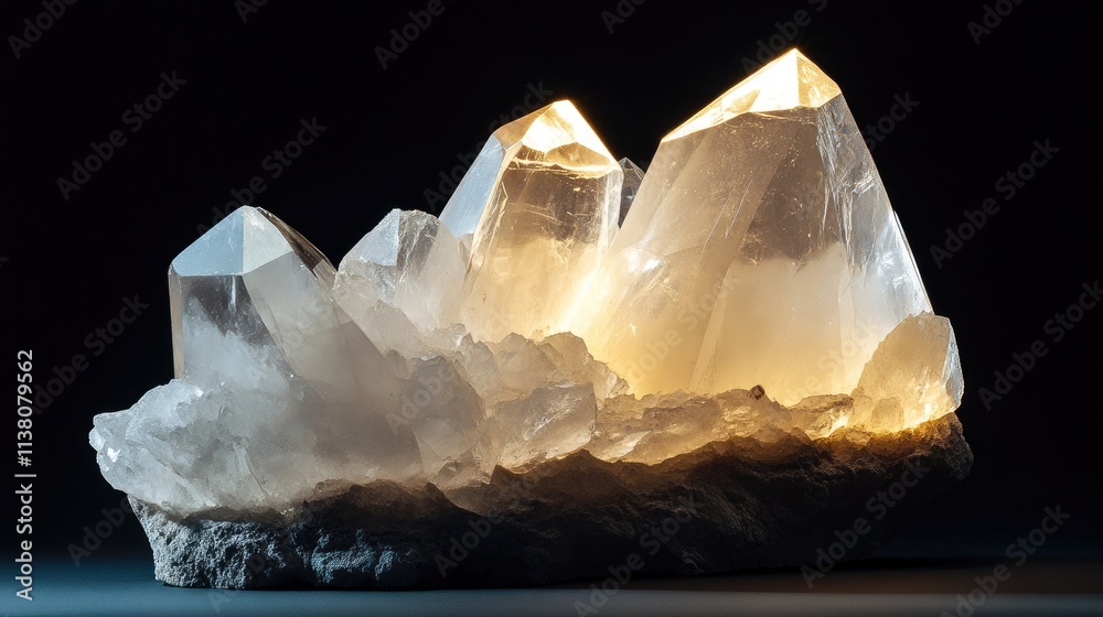 Natural backlit mountain quartz crystals glowing on a dark background showcasing purity and natural beauty in gemstone photography. Natural backlit mountain quartz crystals glowing on a dark background showcasing purity and natural beauty in gemstone photography.