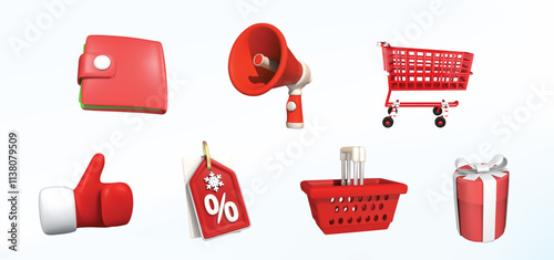 christmas sales 3d render realistic vector icon set. Basket, gift, megaphone, discount label, christmas shopping 3d icon.s