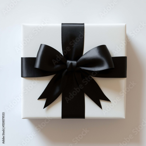beautifully wrapped white gift box with black ribbon and bow, perfect for any occasion. sharp details and crisp edges enhance its elegant appearance