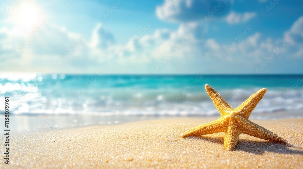 Serene beach scene with soft sand, calm ocean waves, and a lone starfish under a blue sky for tranquil vacation or relaxation themes Serene beach scene with soft sand, calm ocean waves, and a lone starfish under a blue sky for tranquil vacation or relaxation themes