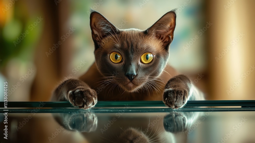 A curious cat with striking yellow eyes peering over a glass surface, showcasing its charm. A curious cat with striking yellow eyes peering over a glass surface, showcasing its charm.