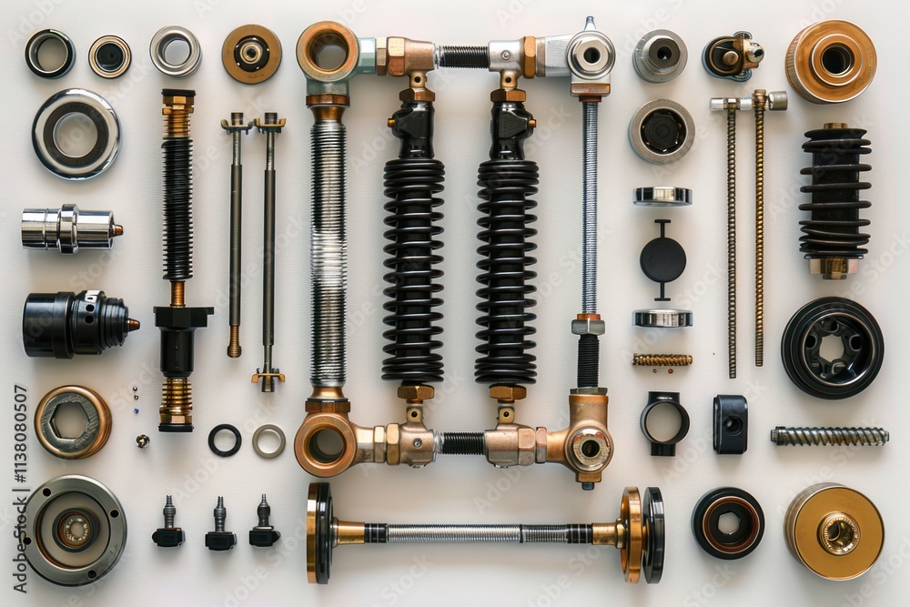 Obraz premium Car suspension parts such as shock absorbers, springs, control arms and bushings. Car repair and maintenance