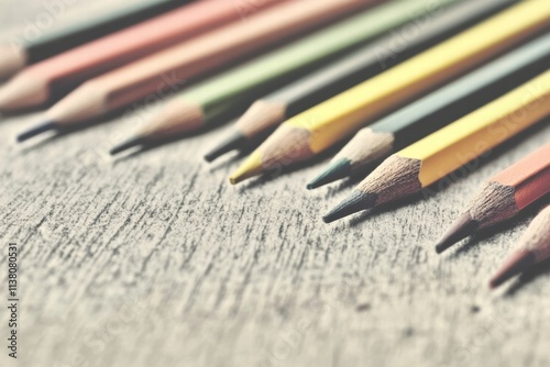 A colorful array of sharpened pencils lined up, creating a vibrant display on a rustic wooden surface. photo