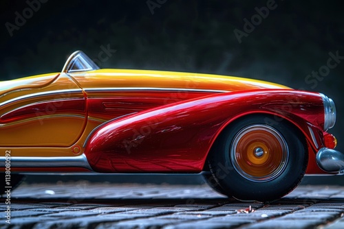 Close-up of a classic red and yellow pedal car reminiscent of mid-20th century models. Rare Antique Cars