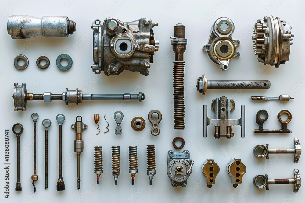 Fototapeta premium engine disassembled on a white background top view. Parts, pistons, camshafts, valves and gaskets