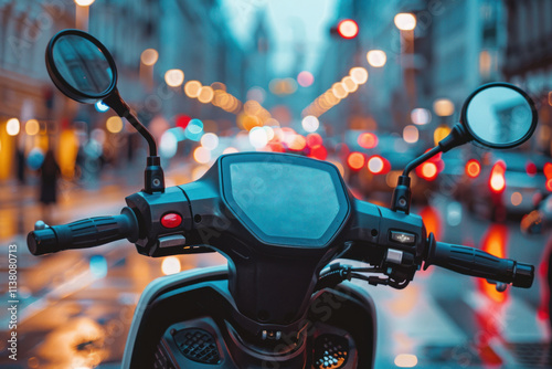 Close-up of a stylish electric scooter or scooter parked at the curb, focusing on its sleek design and futuristic dashboard photo