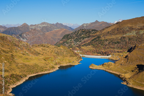 Aerial view of the Orobie (Bergamasque Alps) and lake Laghi Gemelli, Lombardy, Italy photo