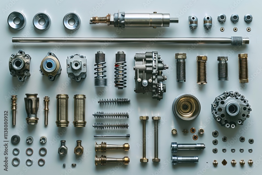 engine disassembled on a white background top view. Parts, pistons, camshafts, valves and gaskets engine disassembled on a white background top view. Parts, pistons, camshafts, valves and gaskets