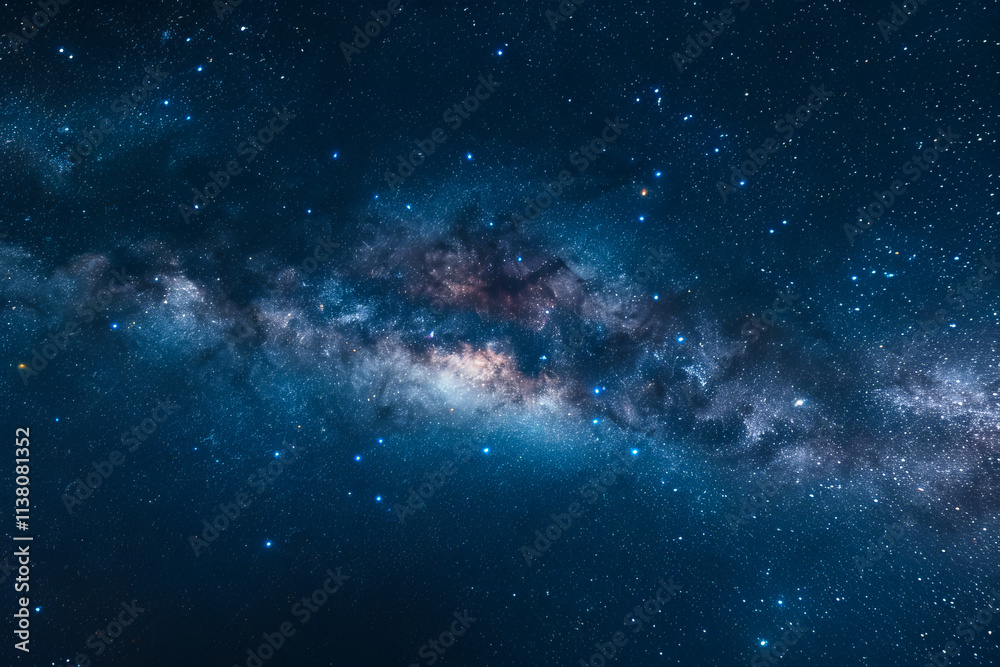 Fototapeta premium Stunning banner of a starry night sky, featuring the Milky Way in vibrant colors. Perfect for social media covers or screensavers, showcasing a high-resolution celestial landscape.