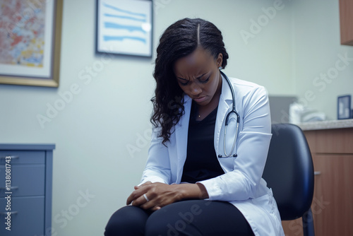 black female doctor, head down in moment of sadness and grief in office alone