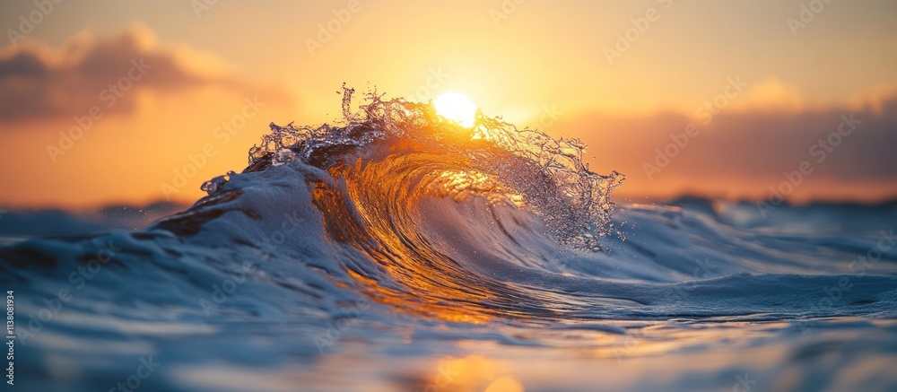 © Almahyra - Golden sunrise illuminating a breaking ocean wave.
