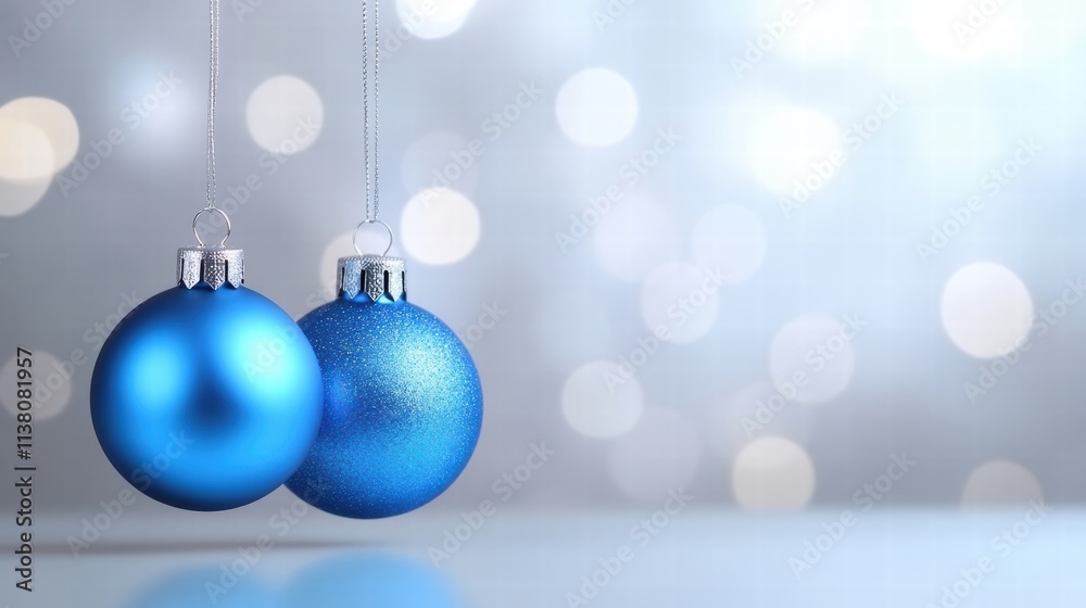 Fototapeta premium Close-up of two blue ornaments hanging with a sparkling background, perfect for holiday or seasonal decoration themes.