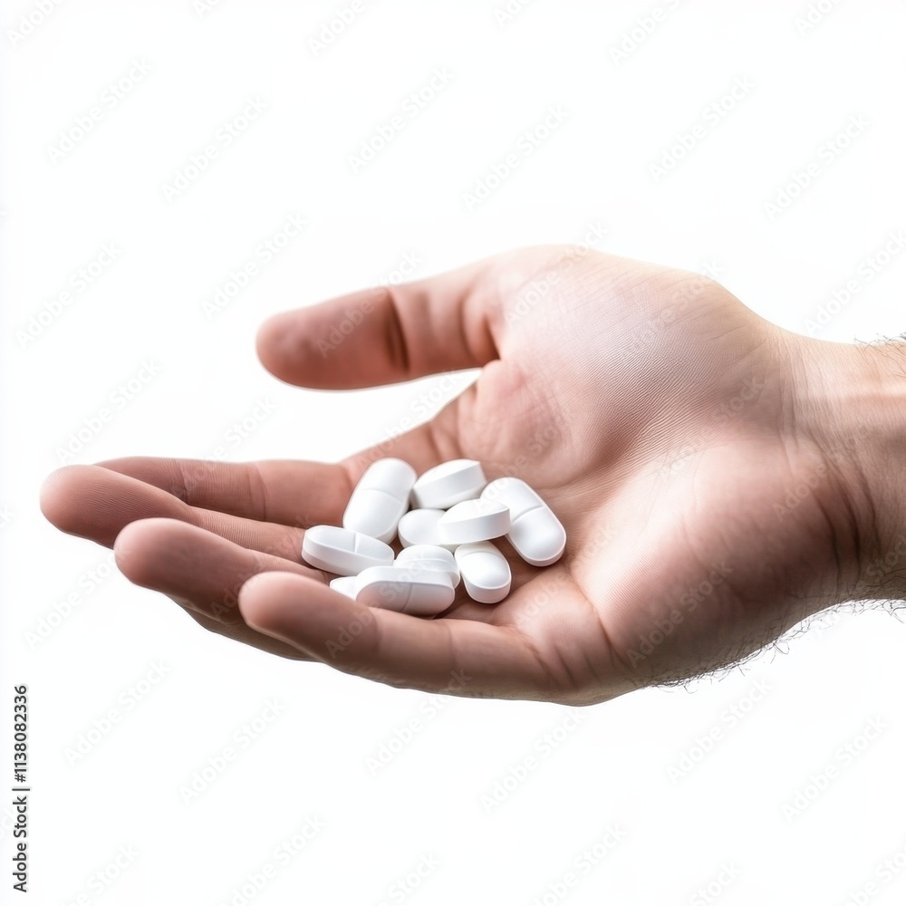 Health focus hand holding white pills isolated on white background healthcare concept medical environment Health focus hand holding white pills isolated on white background healthcare concept medical environment